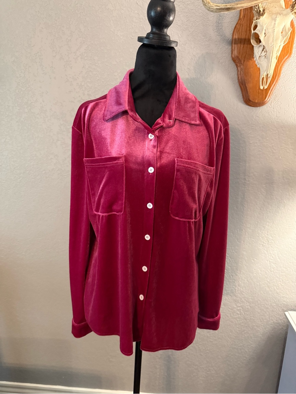 Amazon Women's Hot Pink Velvet Button-Down Shirt